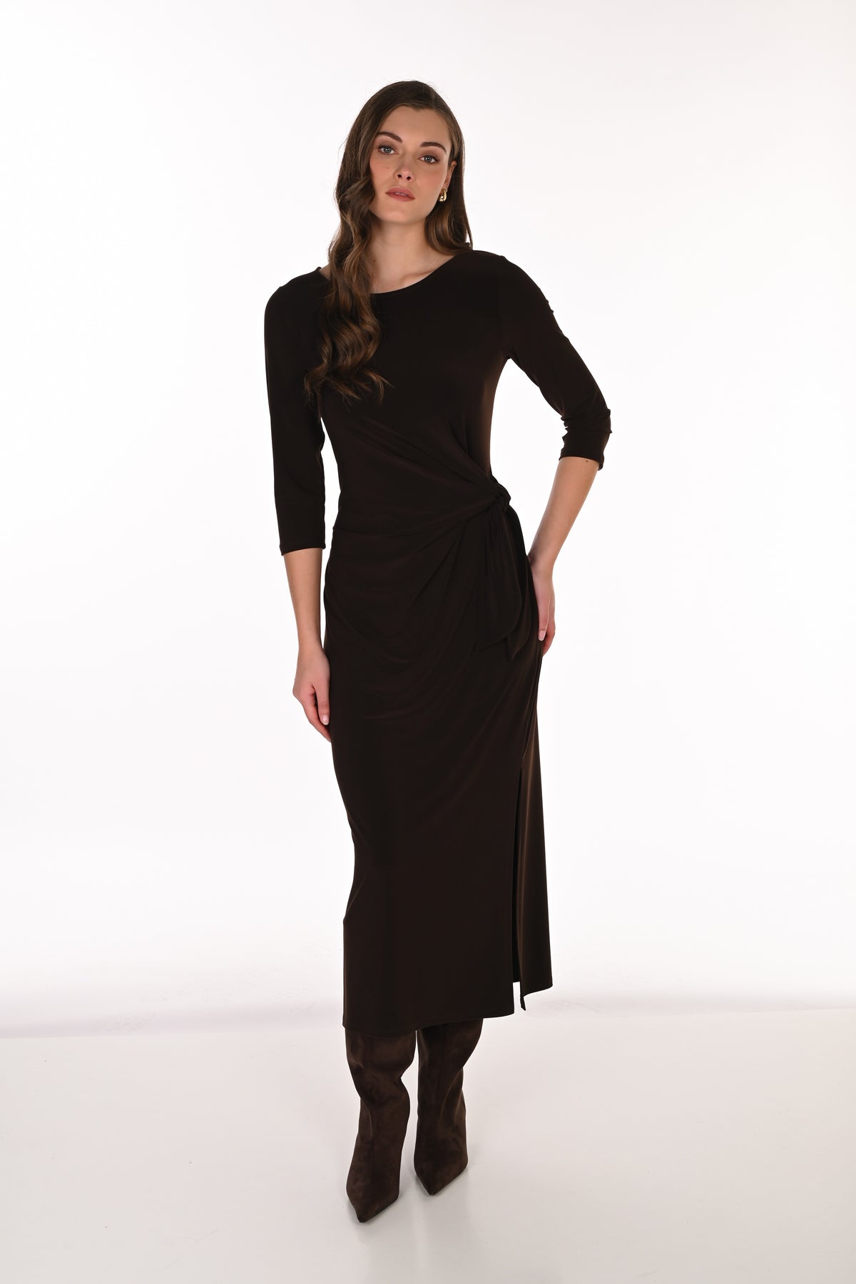 Frank Lyman Ruched Dress with Side Slits in Mocha