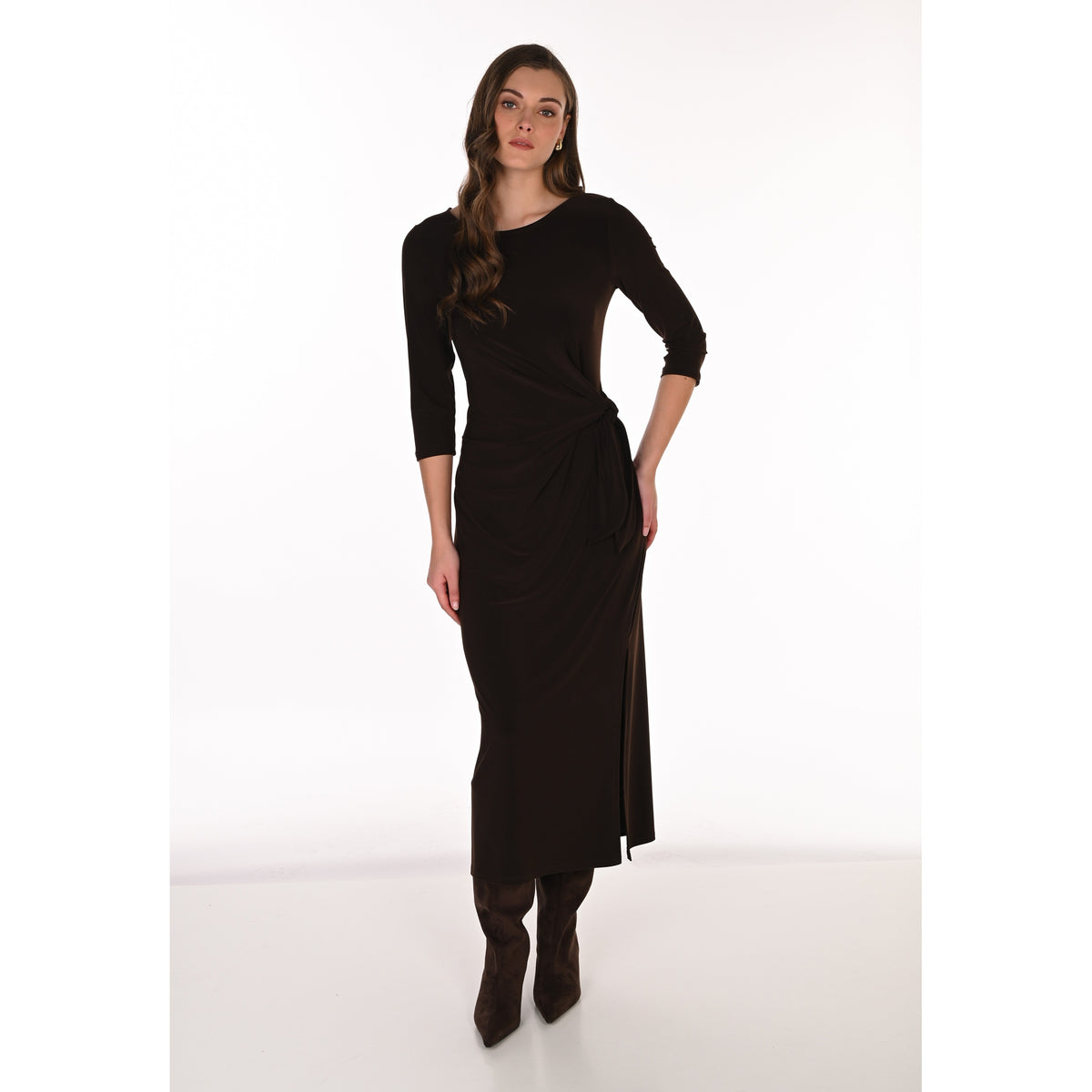 Frank Lyman Ruched Dress with Side Slits in Mocha