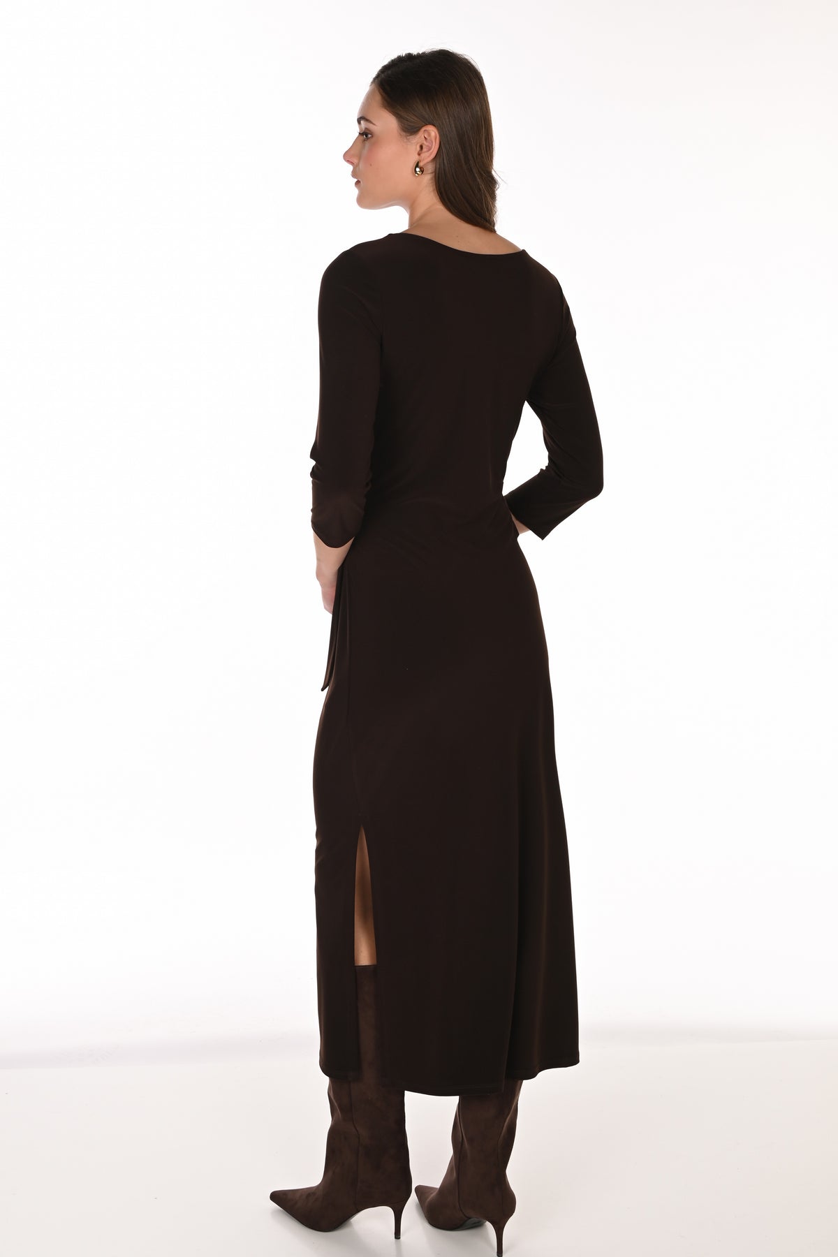 Frank Lyman Ruched Dress with Side Slits in Mocha