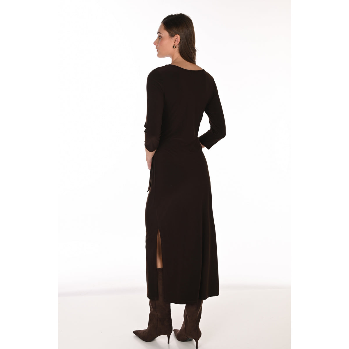Frank Lyman Ruched Dress with Side Slits in Mocha