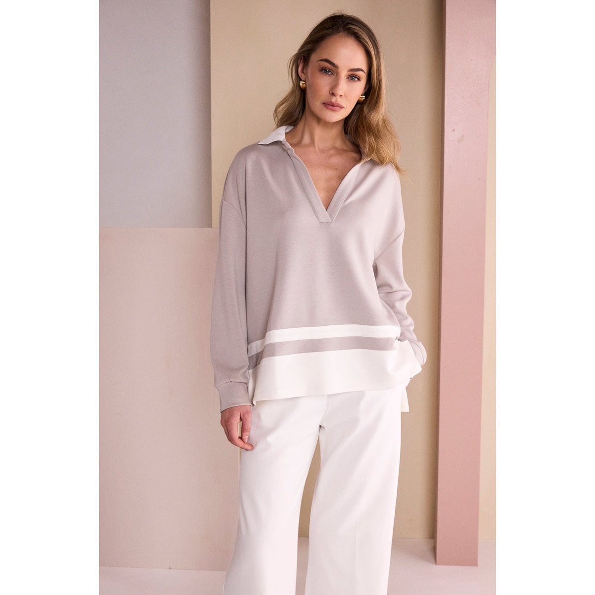 Naya Placket Top With Collar And Contrast Hem Bands
