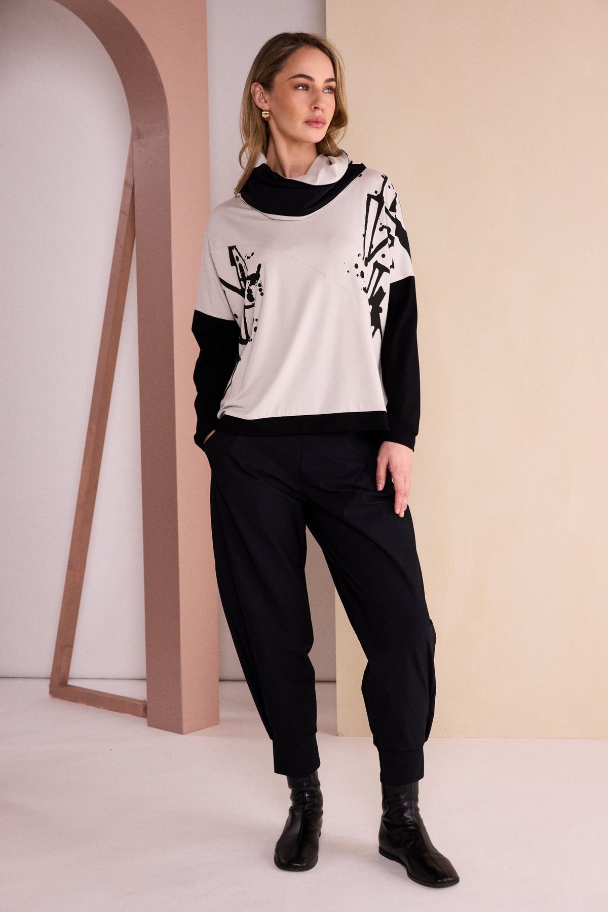 Naya Placement Print Top With Front Angle Seam