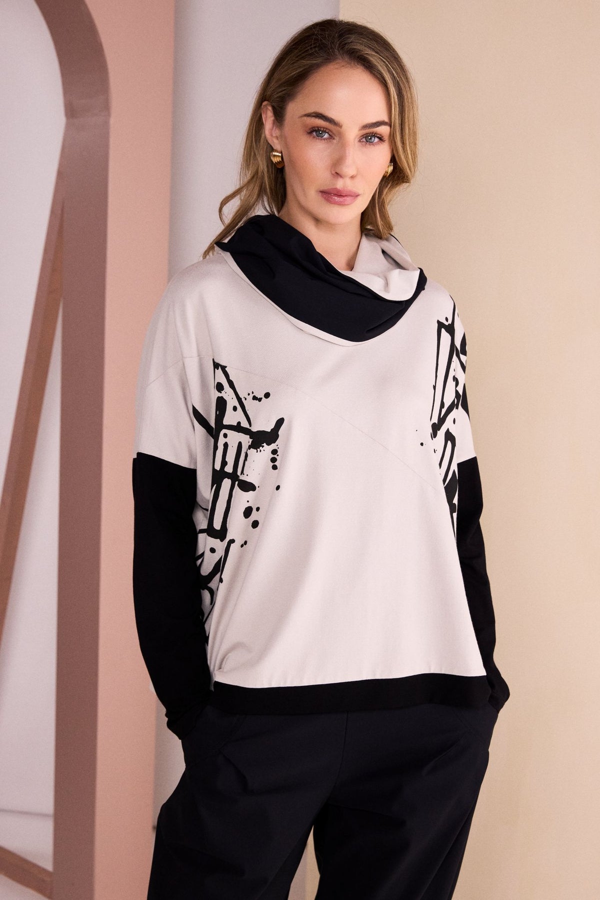 Naya Placement Print Top With Front Angle Seam