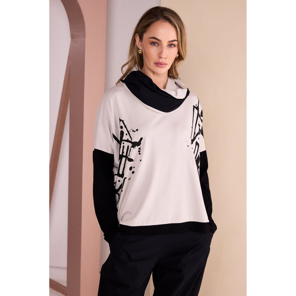 Naya Placement Print Top With Front Angle Seam