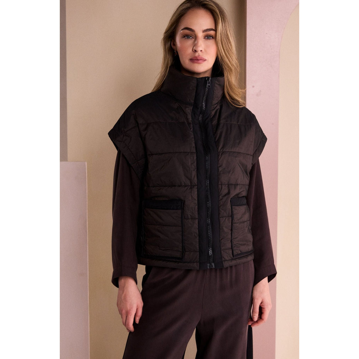 Naya Padded Short Waistcoat With Contrast Zip And Pocket Binding