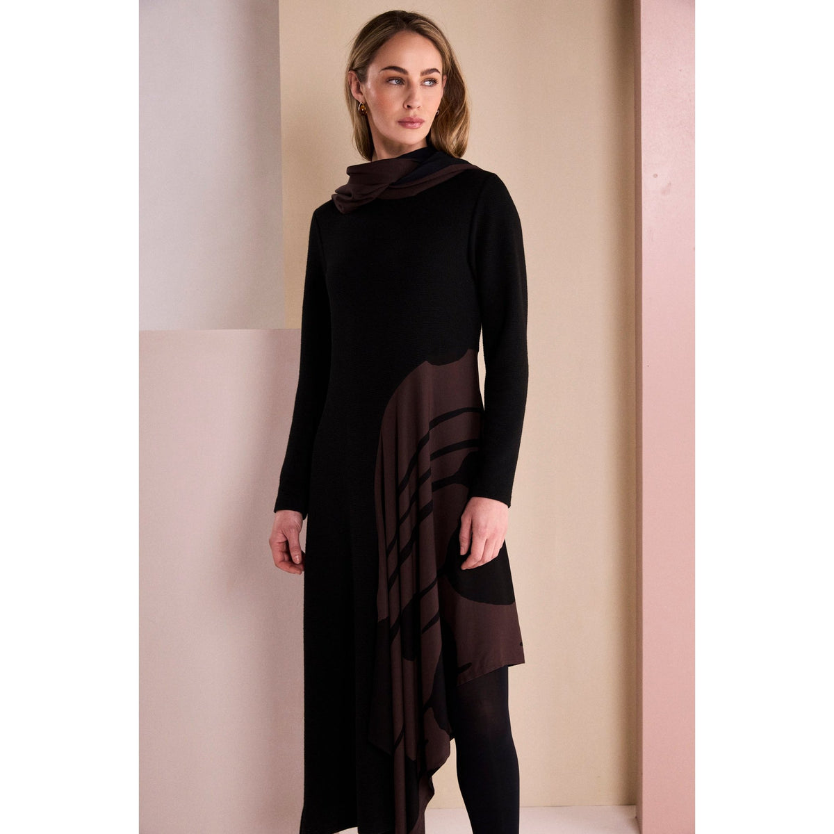Naya Round Neck Dress With Curved Print Panel