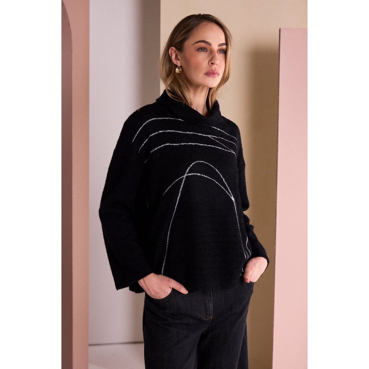 Naya High Neck Placement Print Knit Top