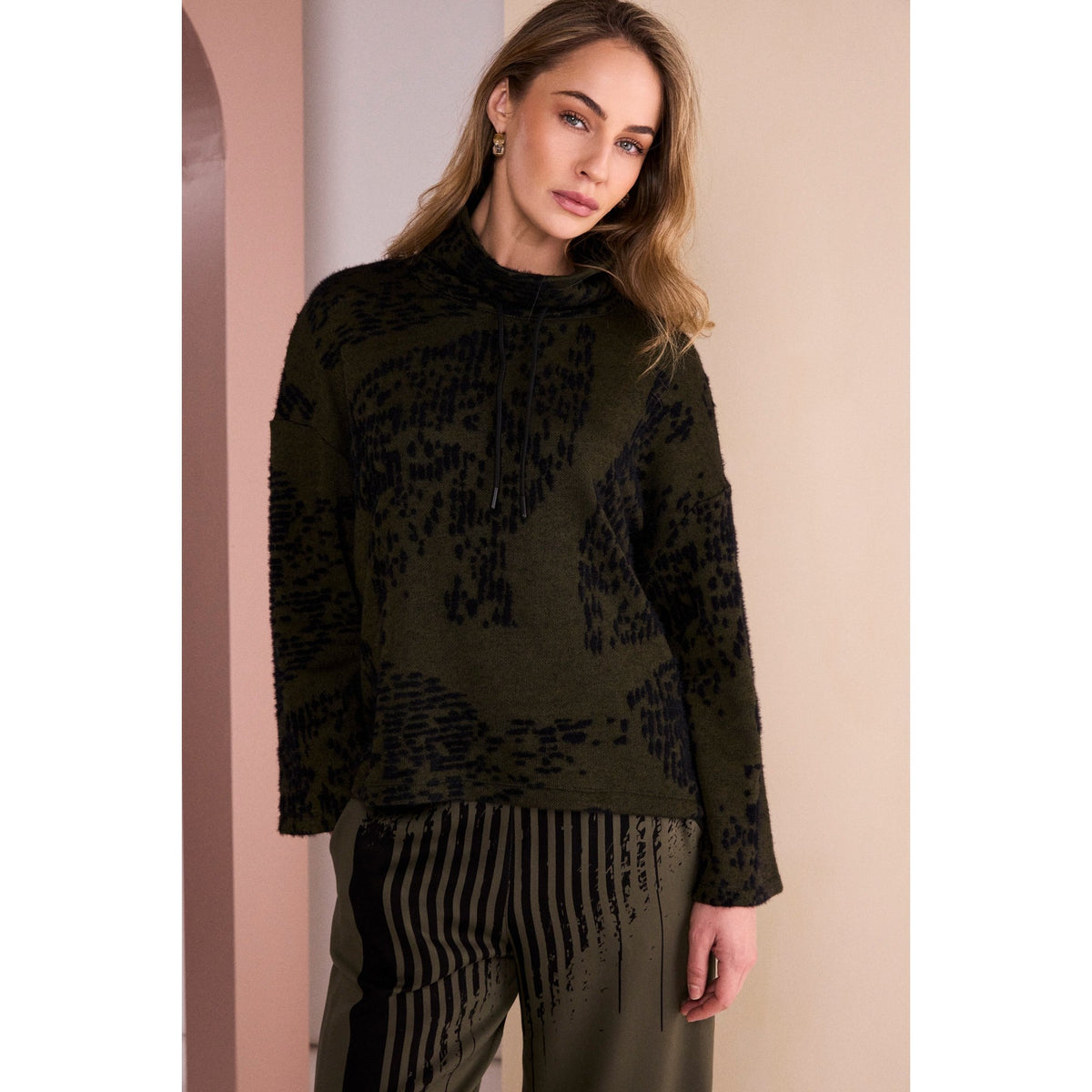 Naya Flocked Placement Print High Neck Knit Top