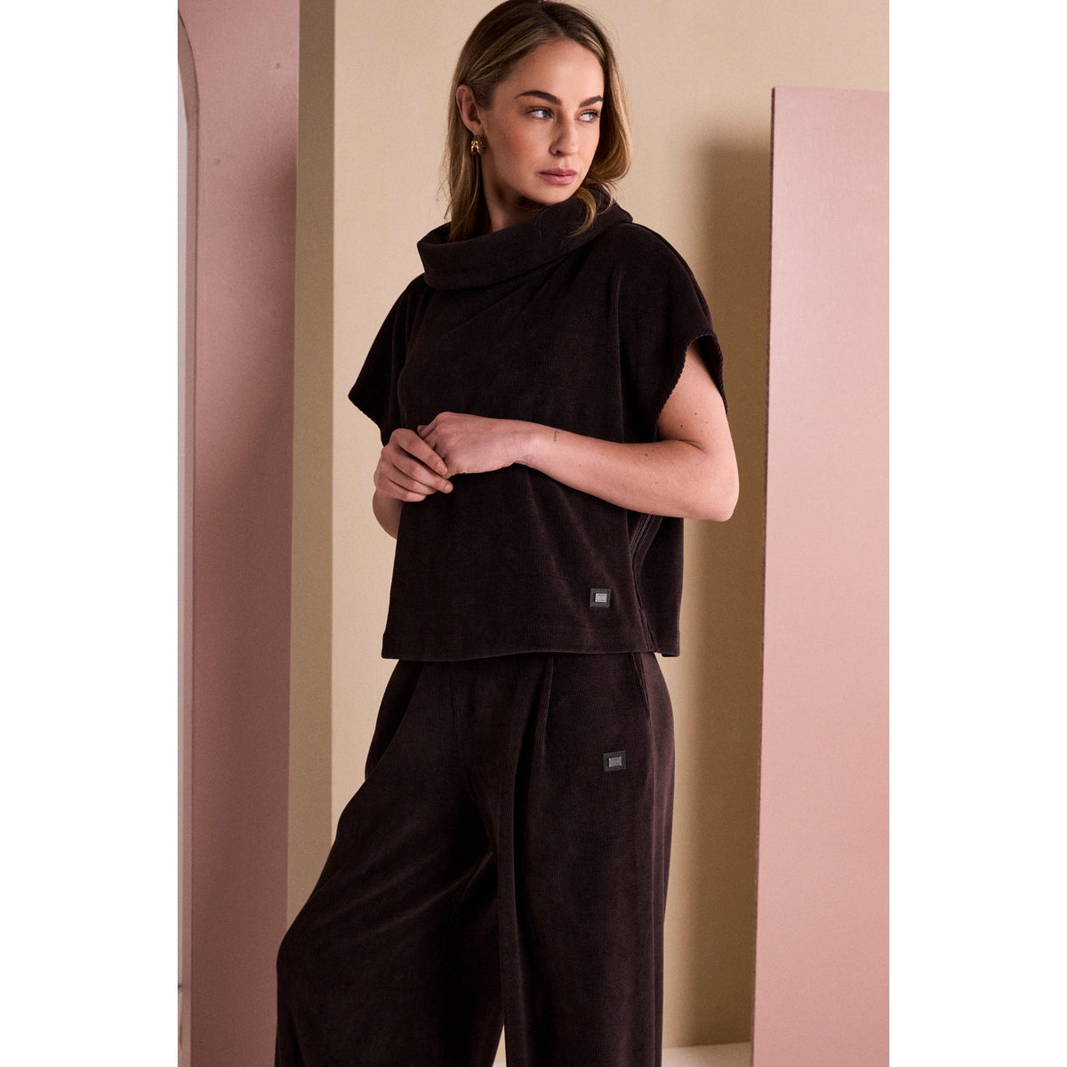 Naya Soft Ribbed Cowl Neck Top With Zip In Side Seam