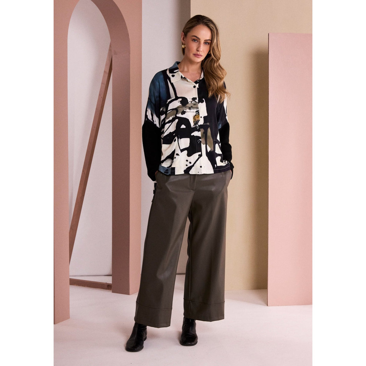 Naya Print Button Through Shirt With Contrast Sleeve