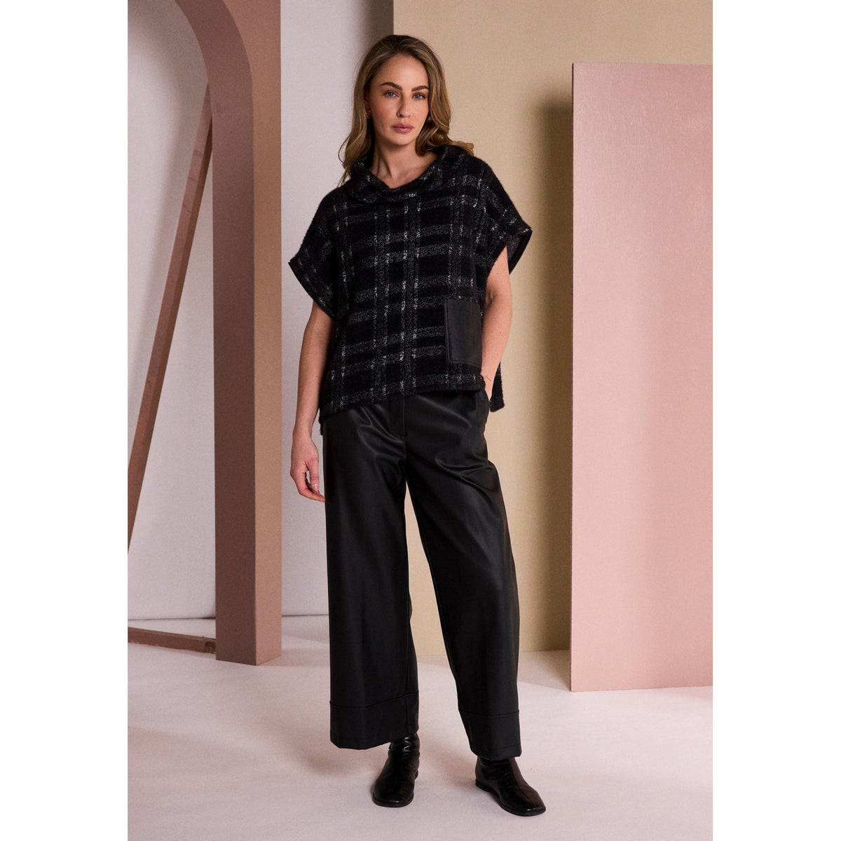 Naya Check Knit Top With Leatherette Pocket And Zip Detail