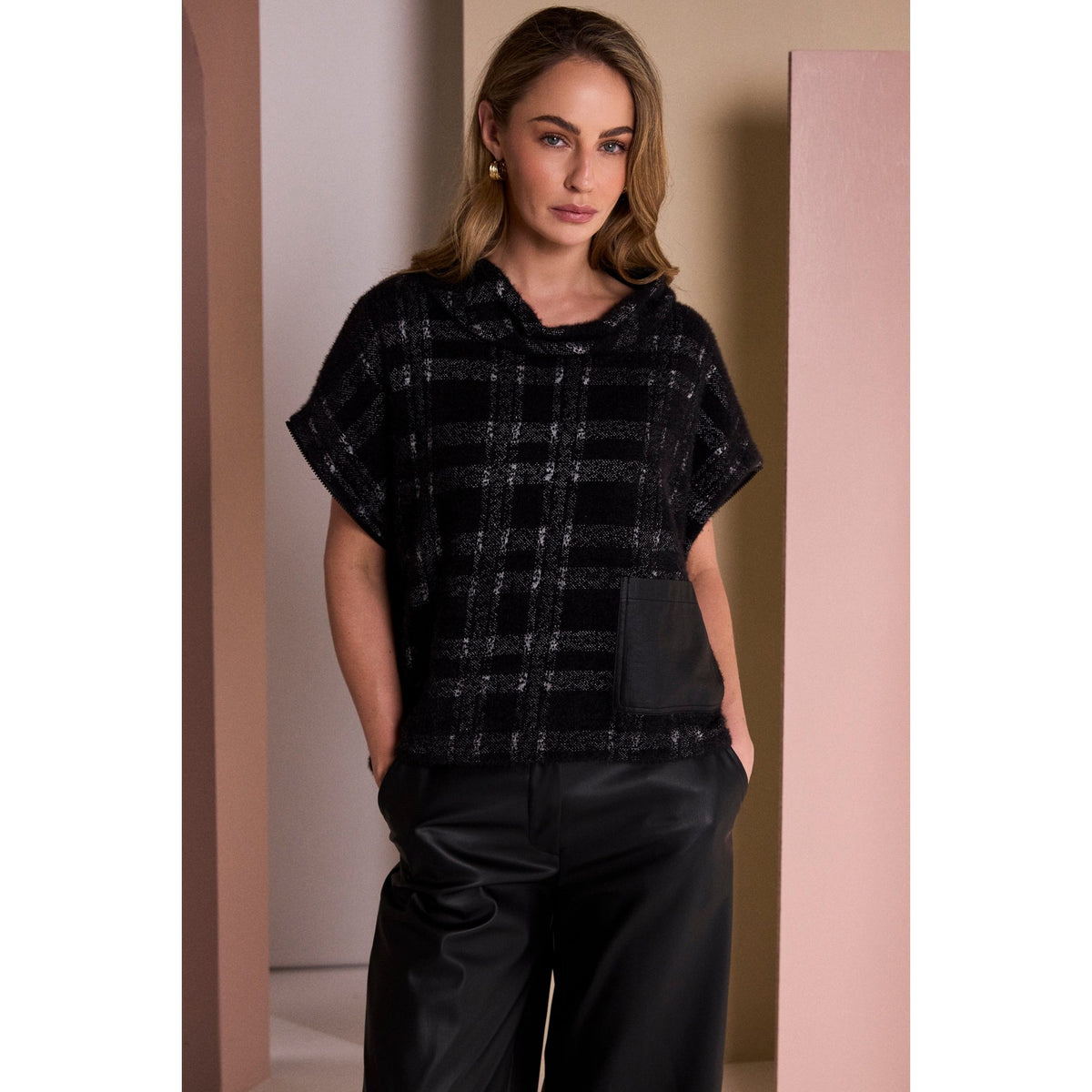 Naya Check Knit Top With Leatherette Pocket And Zip Detail