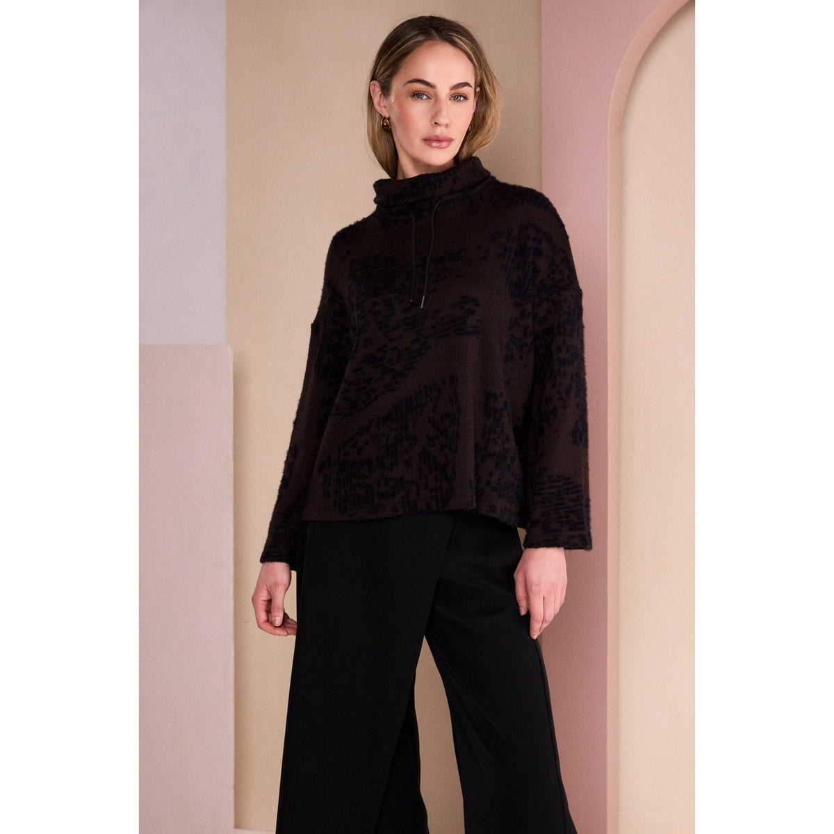 Naya Flocked Placement Print High Neck Knit Top