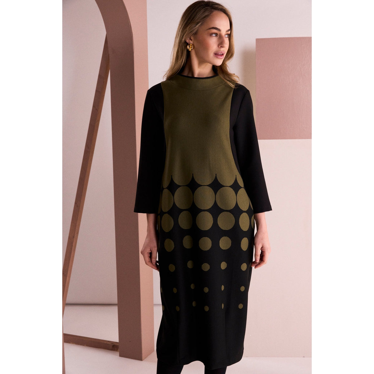 Naya Spot Border Print High Neck Dress With Contrast Sleeve