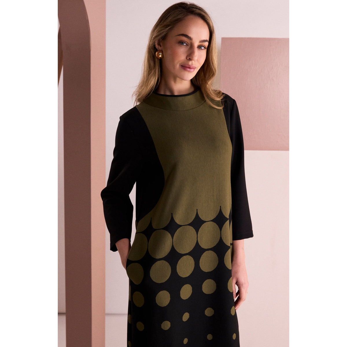 Naya Spot Border Print High Neck Dress With Contrast Sleeve