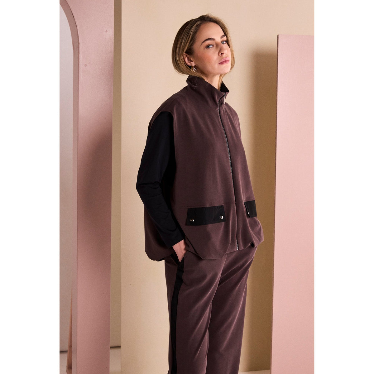 Naya Puff Ball Hem Zip Waistcoat With Contrast Pockets